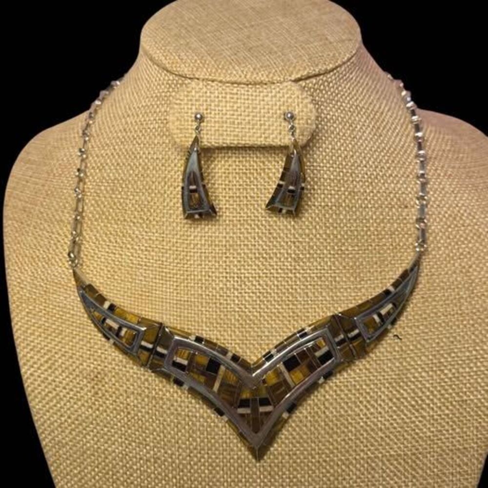 RB Southwestern Sterling Silver Inlay Onyx Jasper Mother of Pearl Necklace Set